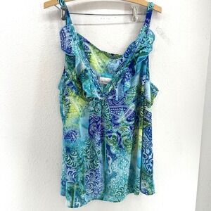Avenue Women Plus Size 22/24 Blue Green Paisley Ruffle Tank Top
